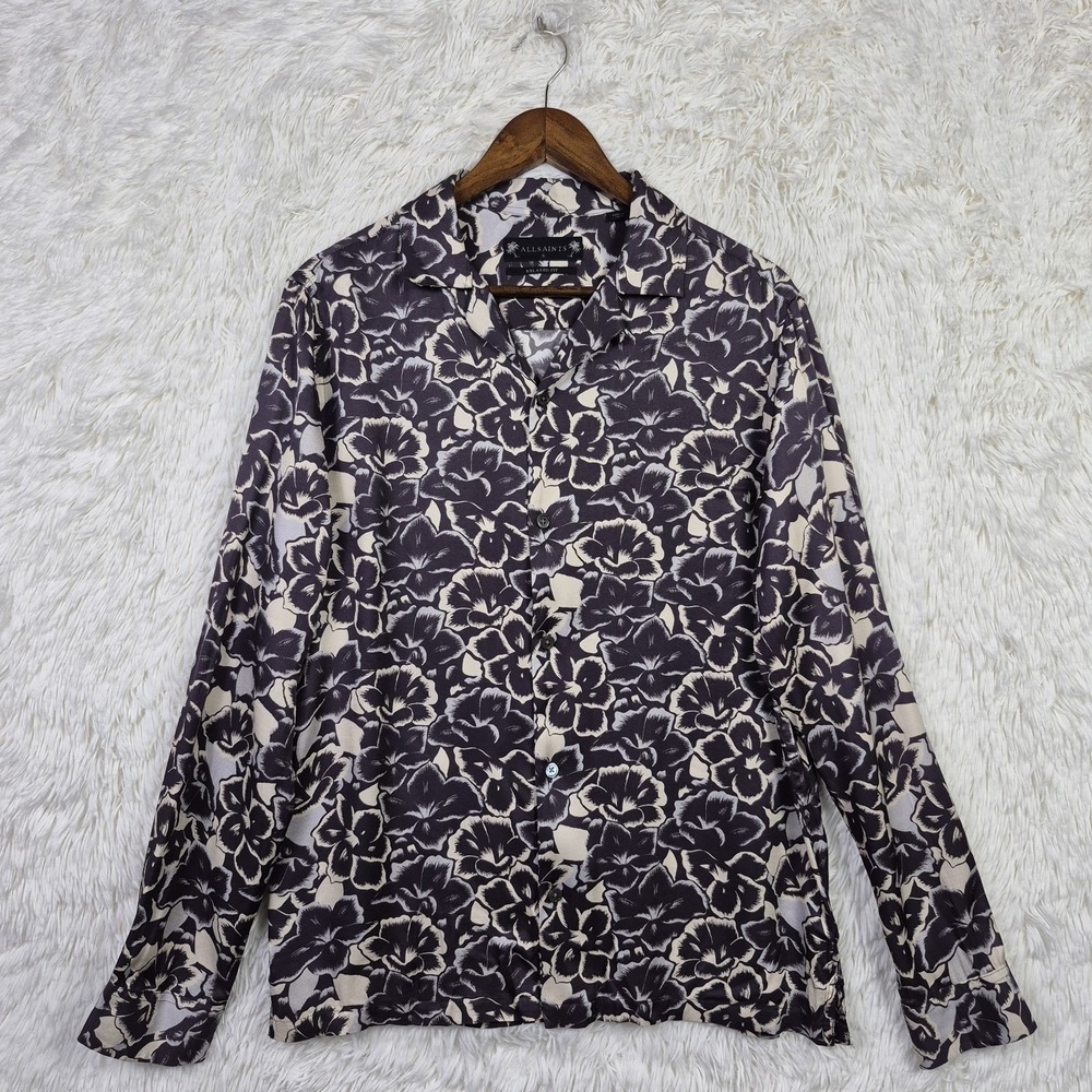 All Saints Tiergarten LS Camp Shirt Mens S Charcoal‎ Floral Relaxed Fit Indie
